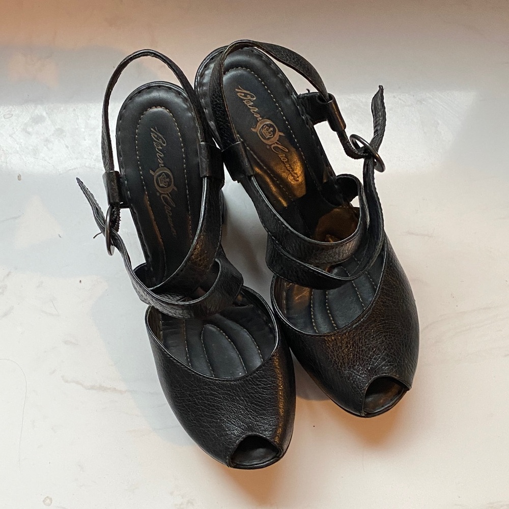 Black Leather Peep-Toe Heels